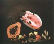 Mota, Jose de la still life of papaya,watermelon and cashew oil